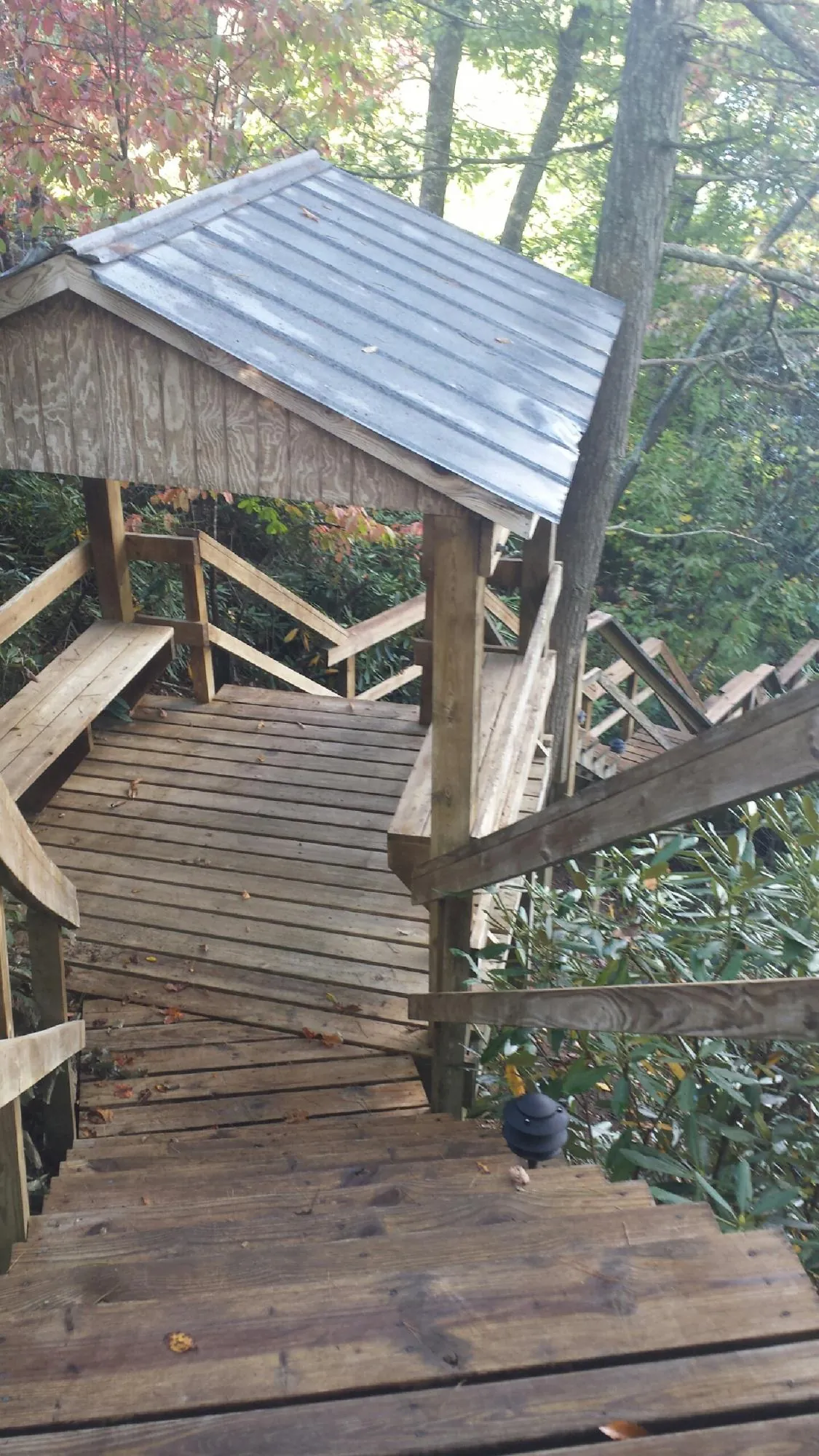Metal roofed shelter over wooden steps on a wooded walkway — Skylight Repair & Installation work by our crew in Coyanosa